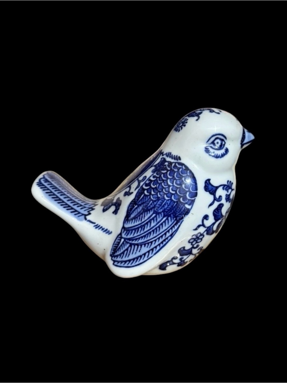 Bird Figurine ~ Porcelain ~ Blue & White ~ Floral Pattern ~ Home Decor